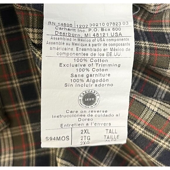 Vintage Carhartt Button Down Shirt Men's 2XL Tall Green Beige Plaid Workwear S94 - Picture 5 of 7